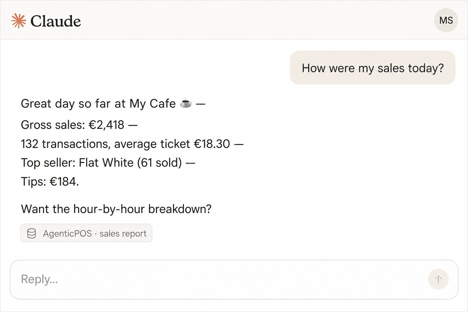 A Claude chat answering 'How were my sales today?' with a sales summary from the POS