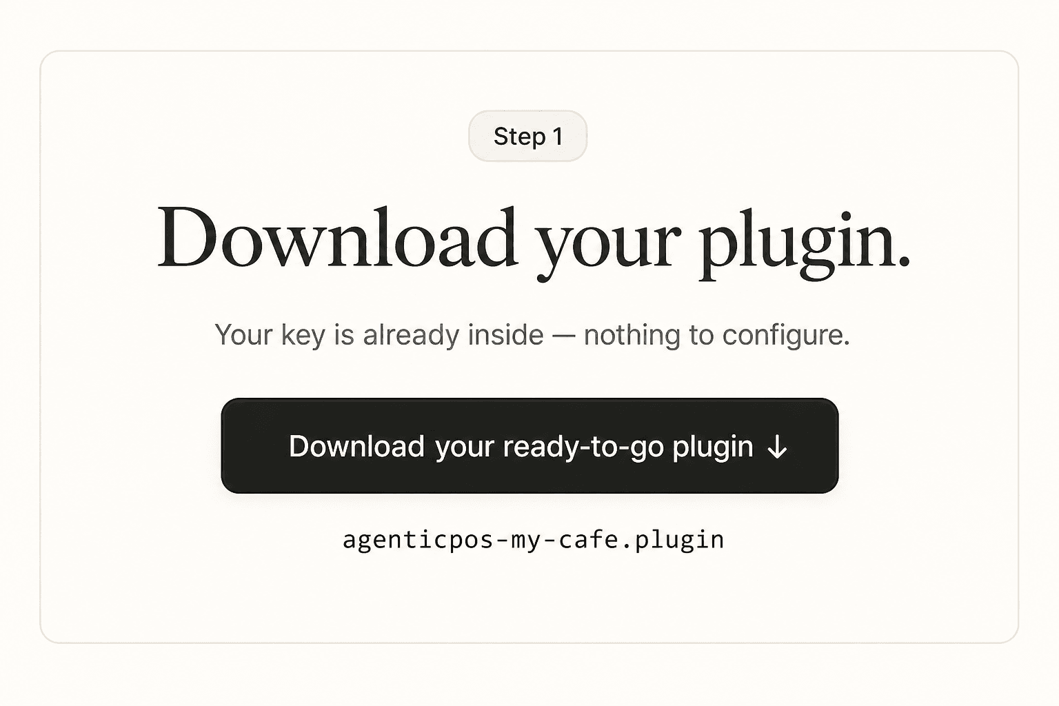 The AgenticPOS setup page with the download button for your personalized plugin