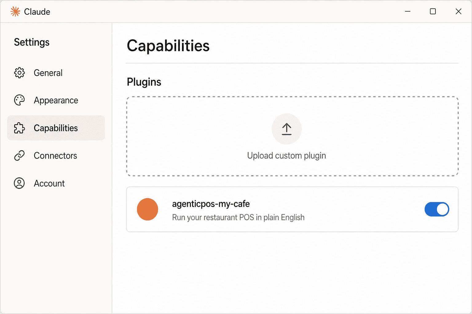 Claude settings showing the Capabilities tab with the Upload custom plugin area and the installed AgenticPOS plugin